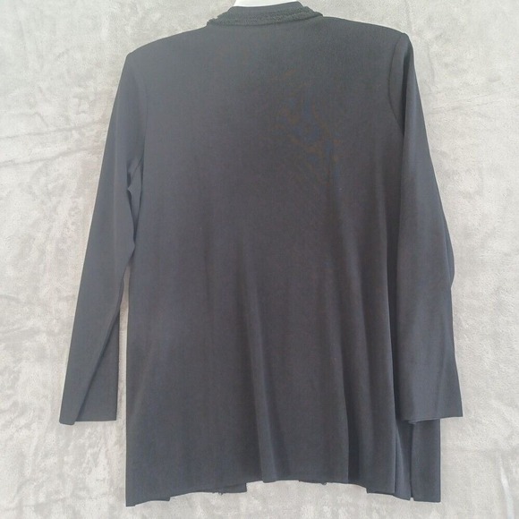 Misook Lg  Cardigan Open Collared Black Fringe Long Sleeve Liquid Knit Travel - Picture 11 of 11